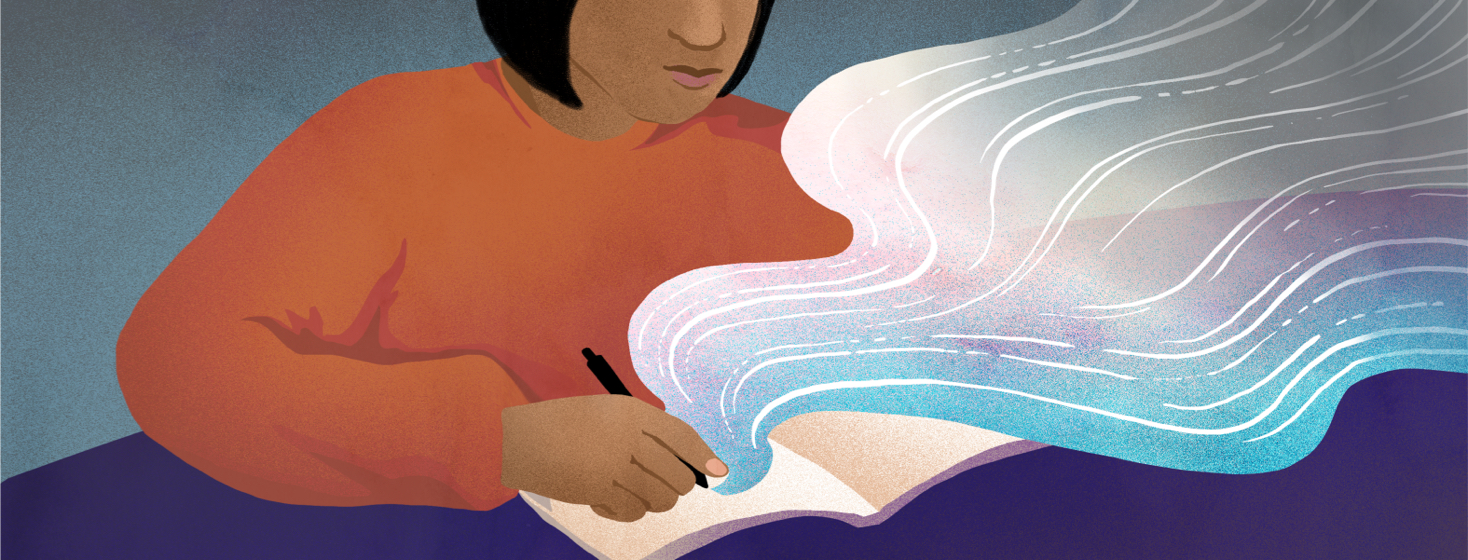 woman writes in a book with colors swirling out of it