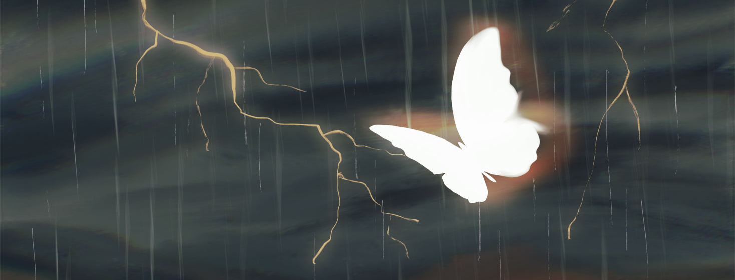 A glowing butterfly flying through a thunderstorm