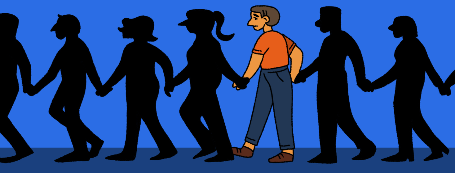 A line of people in silhouette holding hands, one man in full color looks worried in the center of the line
