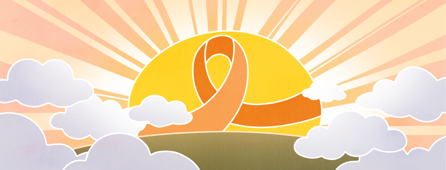 A sun with a leukemia awareness ribbon rises over a cloudy landscape