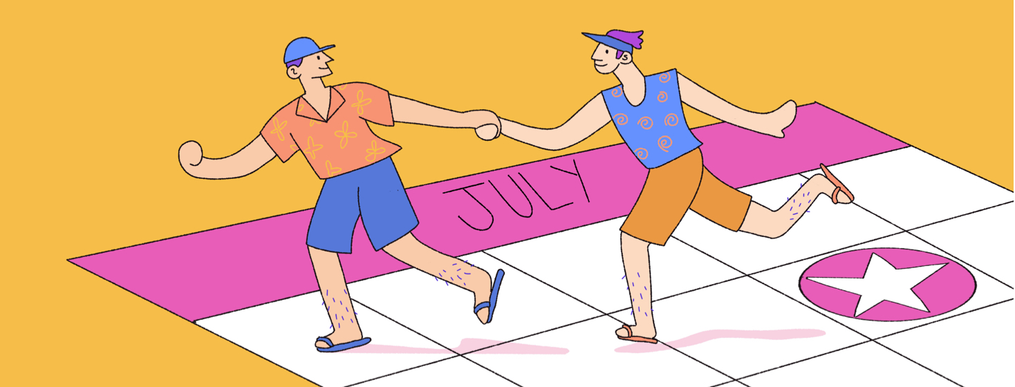 Two men holding hands running across a summer calendar