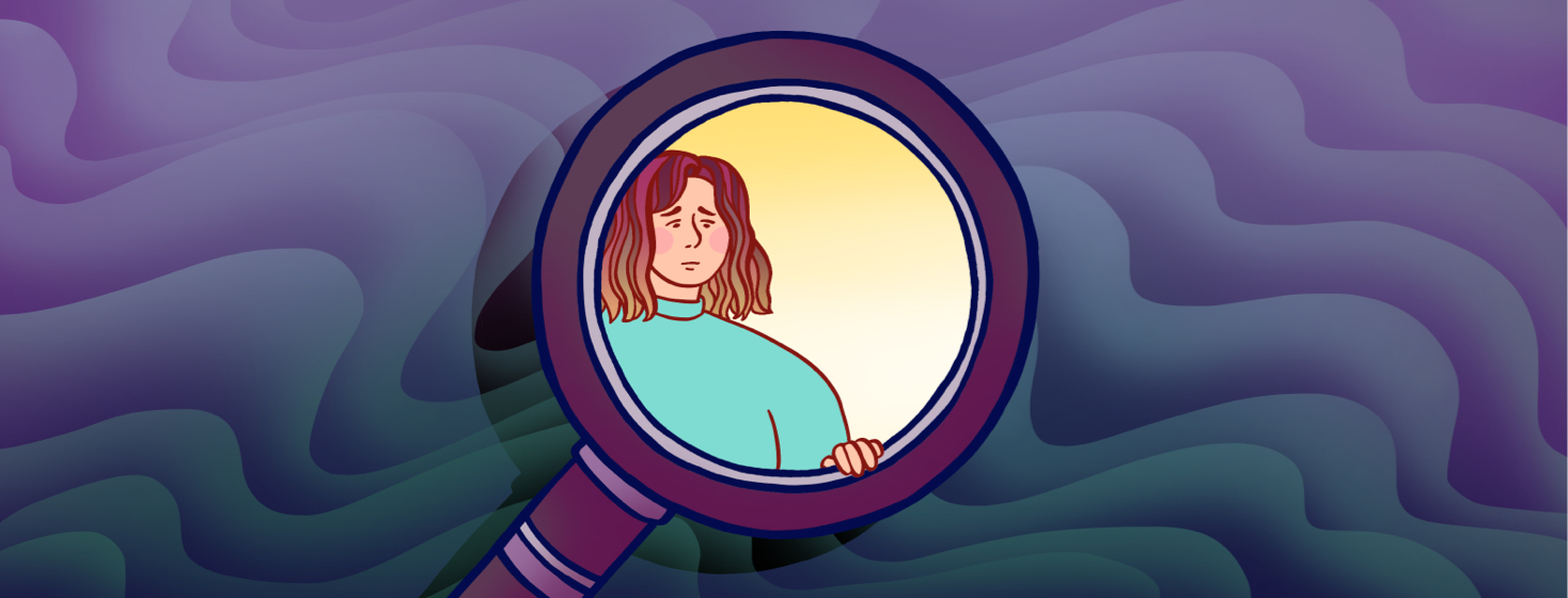 A woman looking through a magnifying glass surrounded by fog