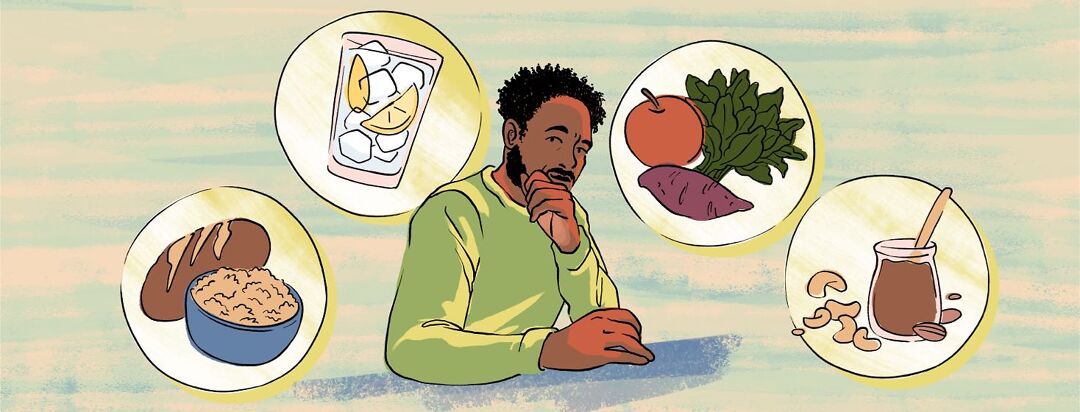 A man looks up with a curious expression at circles containing whole grain bread, brown rice, water with citrus slices, fruits and vegetables, and nuts and nut butter.