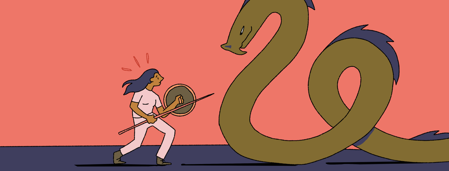 A woman holding a spear and shield fighting a giant serpent