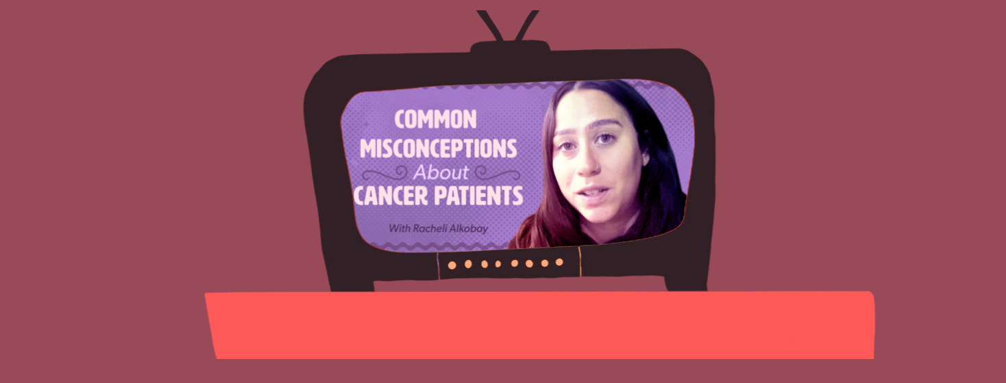 A TV showing a patient leader and the words "common misconceptions about cancer patients"