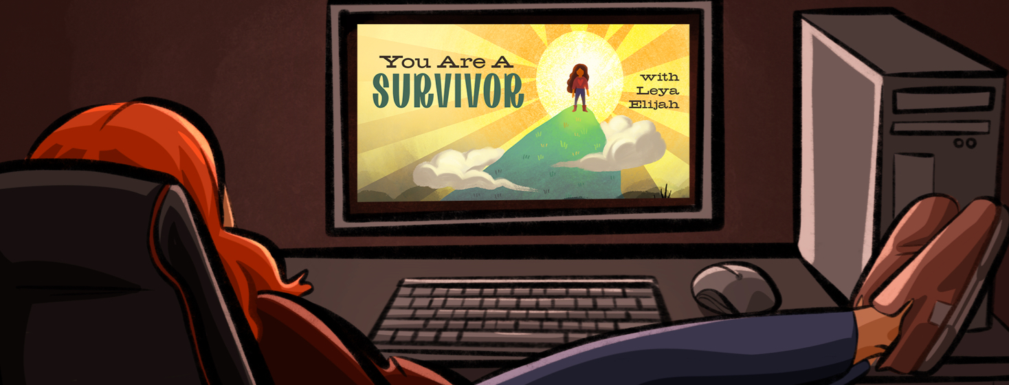 A TV showing a patient leader and the words "you are a survivor"