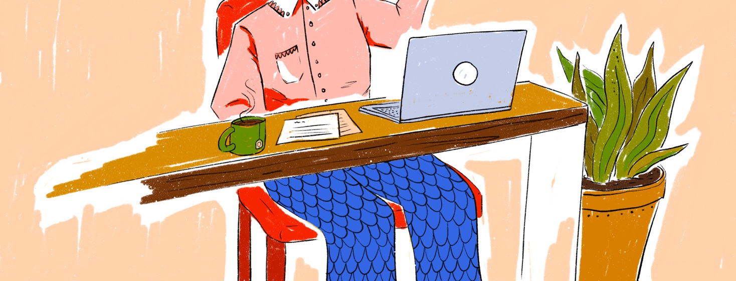 person working from home in a nice top and pajama pants