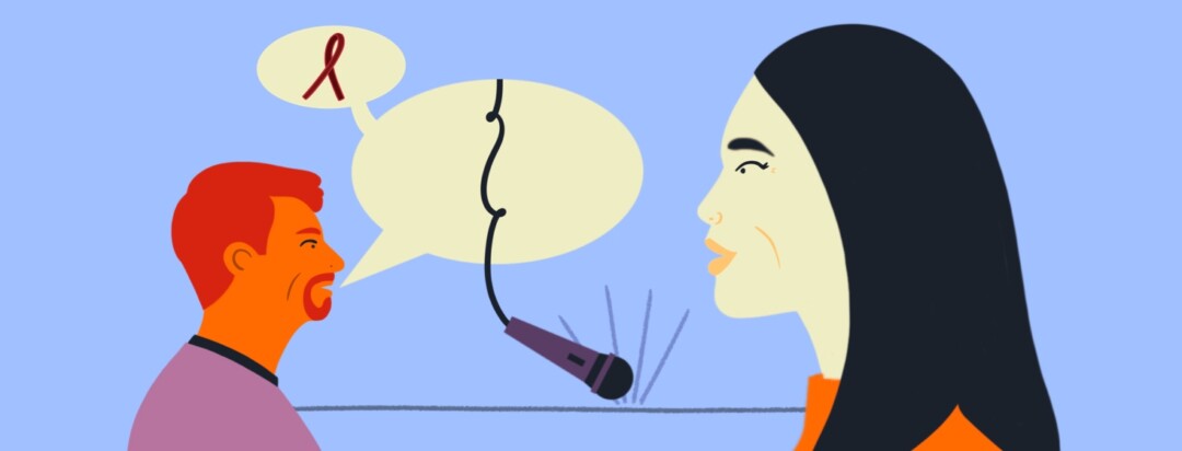 A man with speech bubbles containing a blood cancer ribbon and a microphone talks to a woman