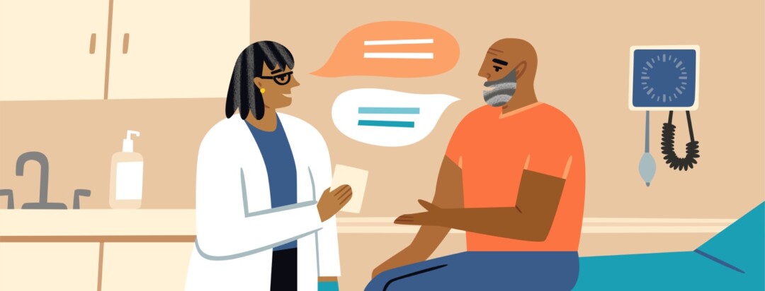 Patient and doctor talking in an exam room