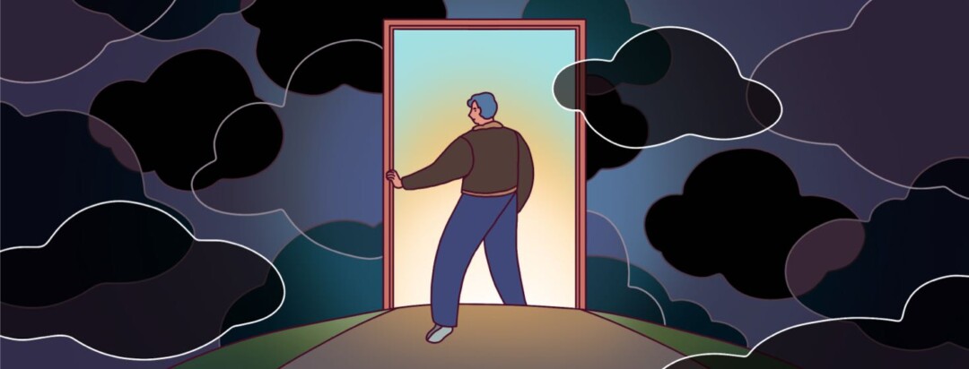 Surrounded by dark clouds, a man walks through a door towards a bright light