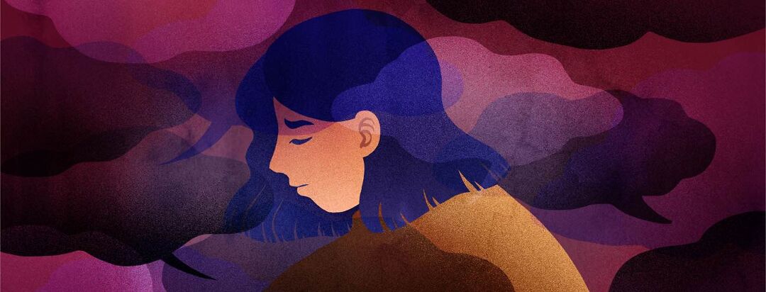 A woman with a sad expression is surrounded by dark clouds