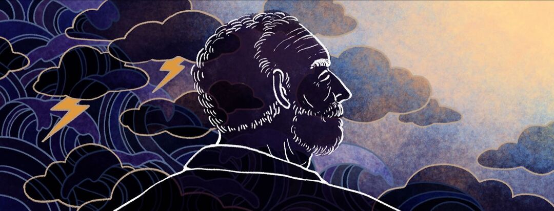 A portrait of a man with his eyes closed as stormy seas give way to a peaceful sunrise behind him